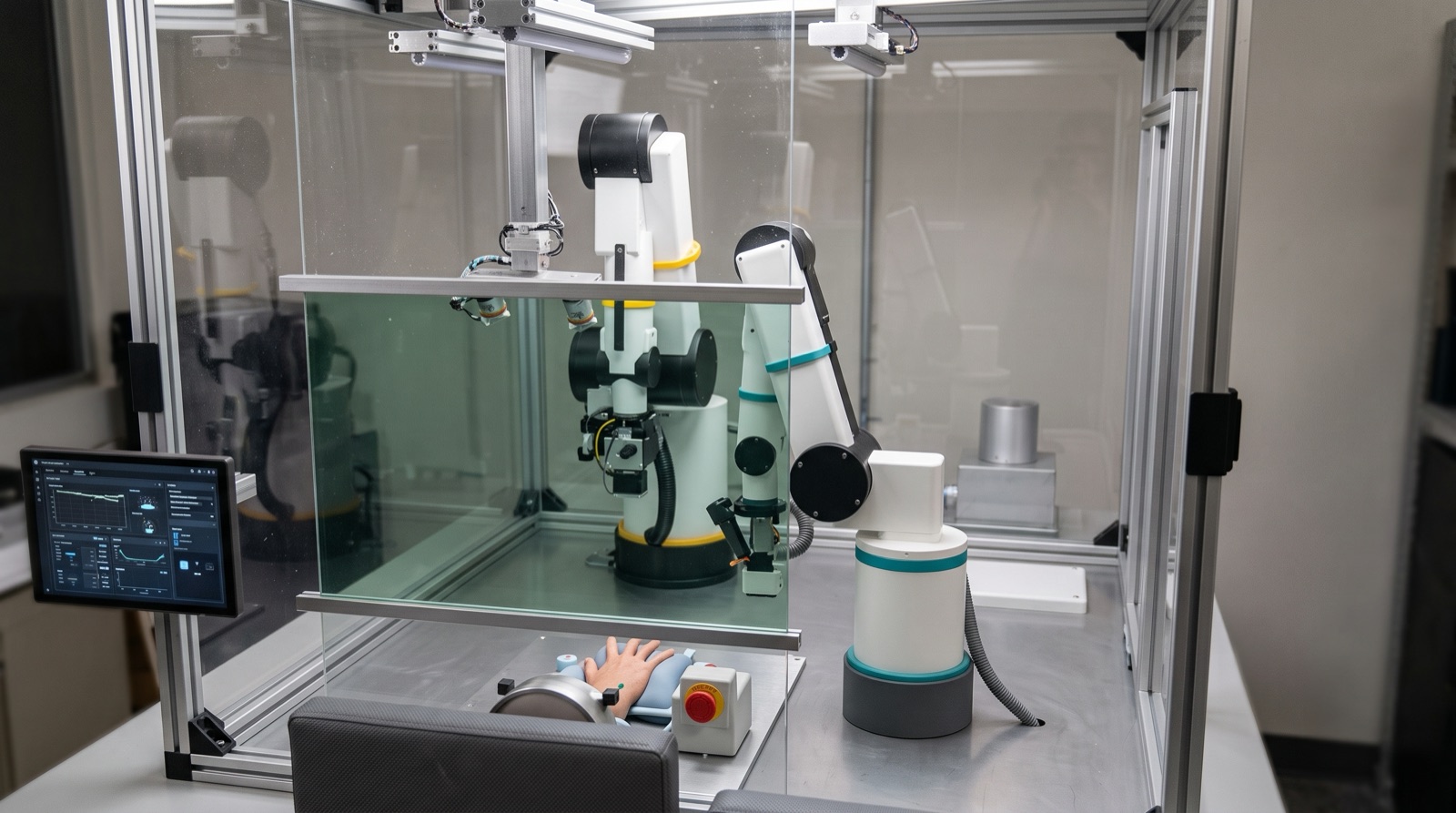 AI-generated visualization of the concept: the Nailbotics capsule seen from outside — glass enclosure, robot arms, touchscreen and the hand port