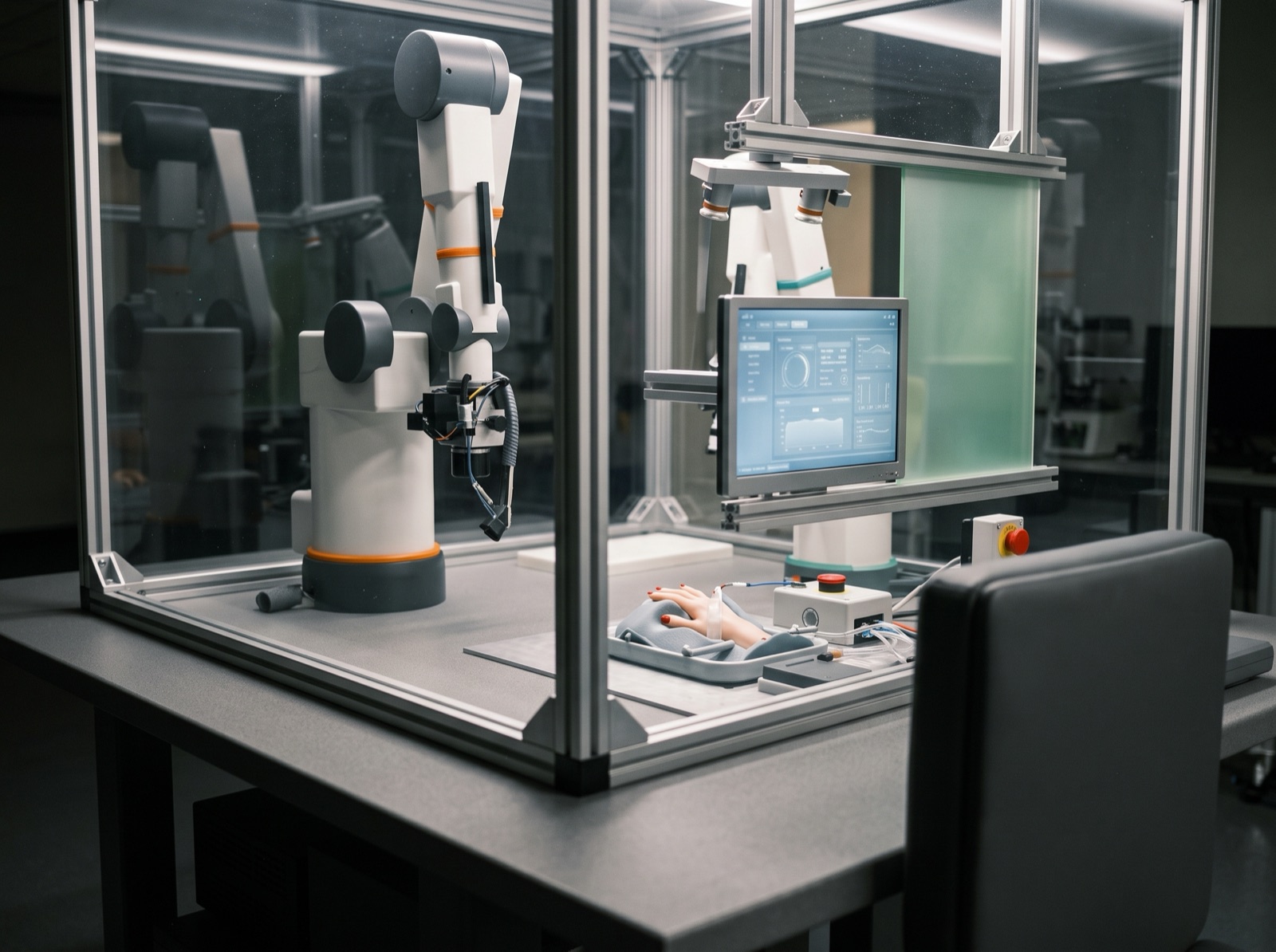AI-generated visualization of the concept: the seat, touchscreen terminal and hand port of the Nailbotics booth
