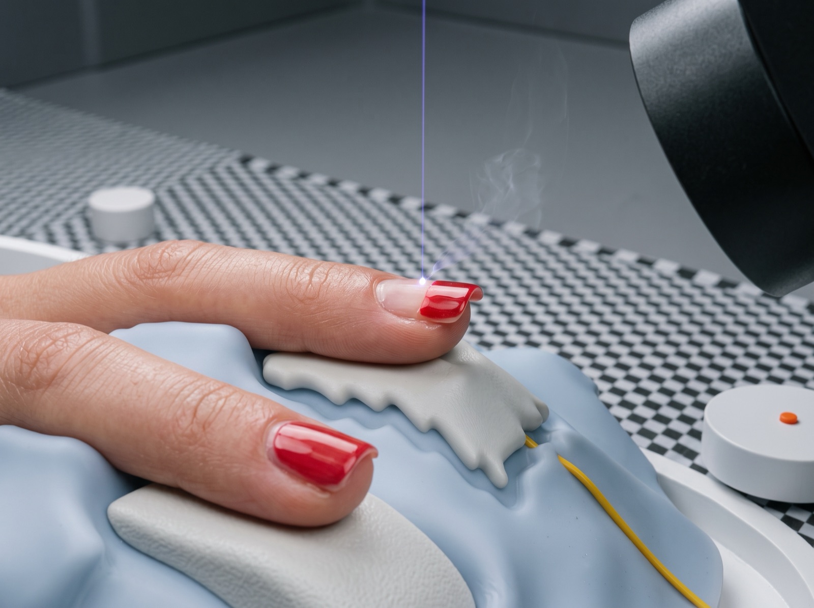 AI-generated visualization of the concept: close-up of a laser pass over a gel-coated fingernail resting on the vacuum cradle inside the booth